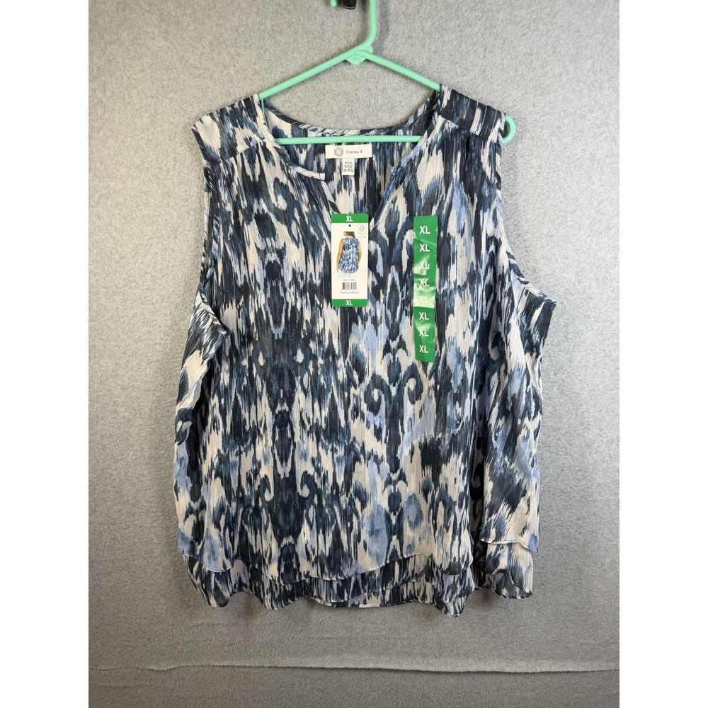 Cristina B Blouse Womens XL Blue Geometric Sleeveless Layered Hem Casual Top